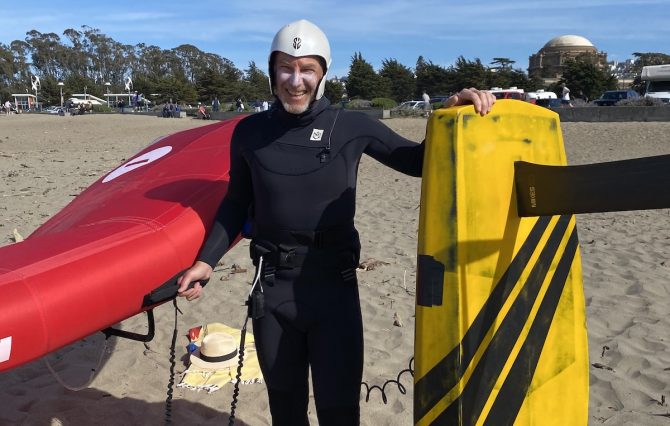 Bowen Dwelle on the beach after foiling